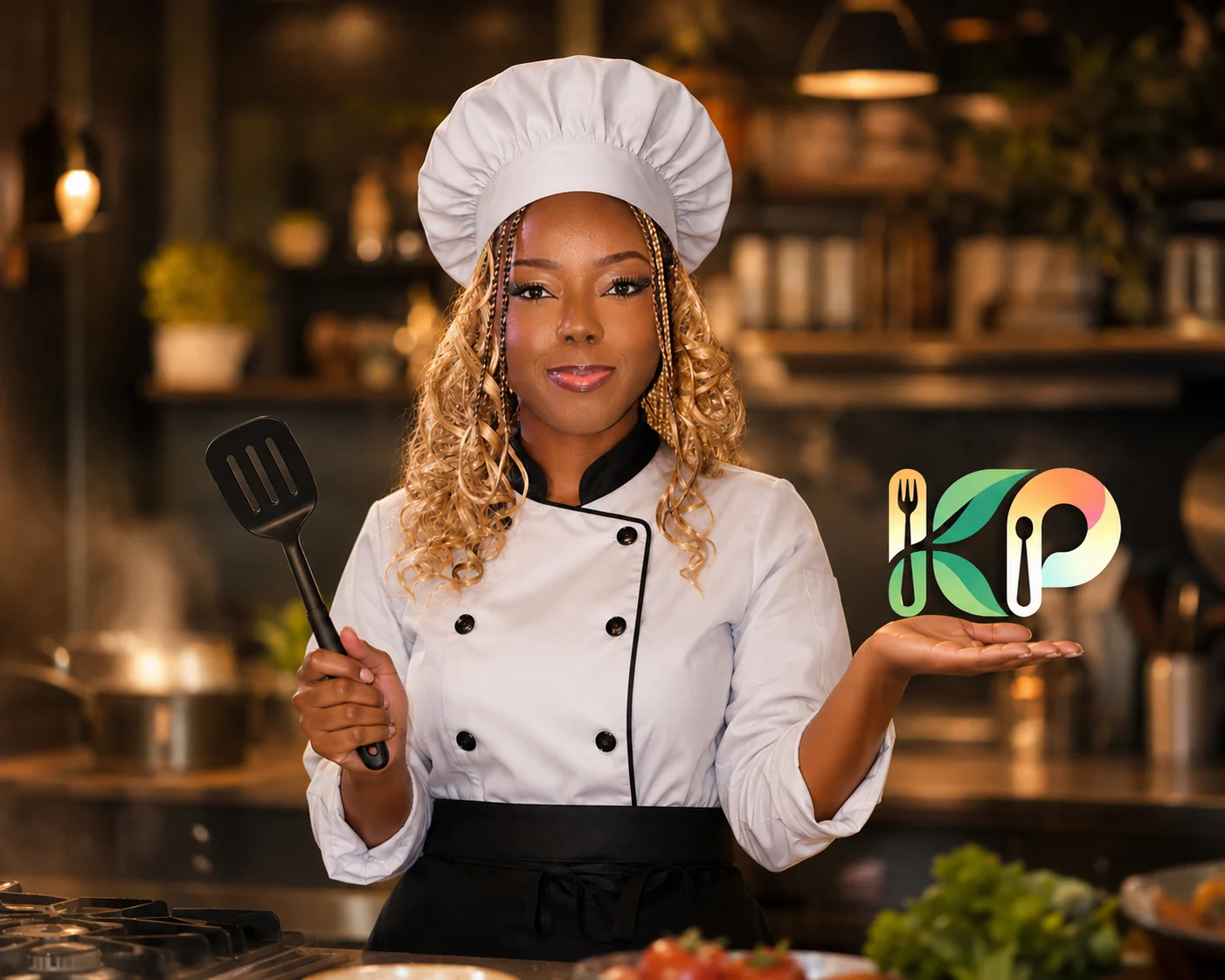 KitchenPilot virtual chef holding a spatula and presenting the colorful KP logo in a warmly lit kitchen